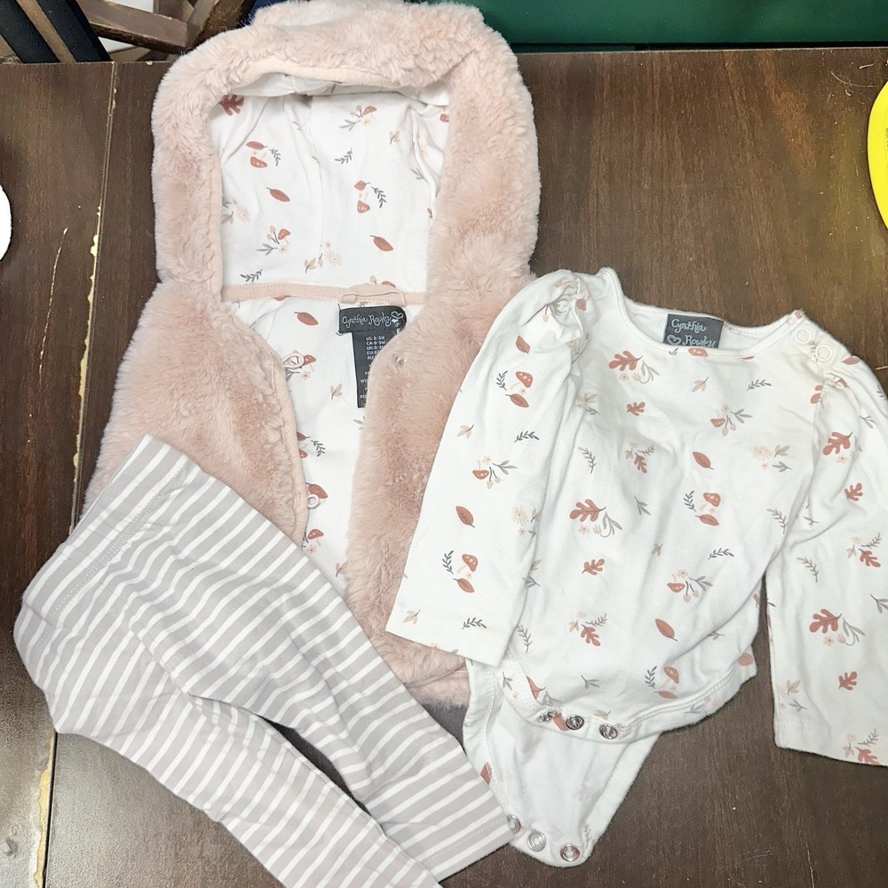 Cynthia Rowley Baby Girls 3 Pc Outfit Set Pink Faux Fur Vest Sz 0-3 Months *READ